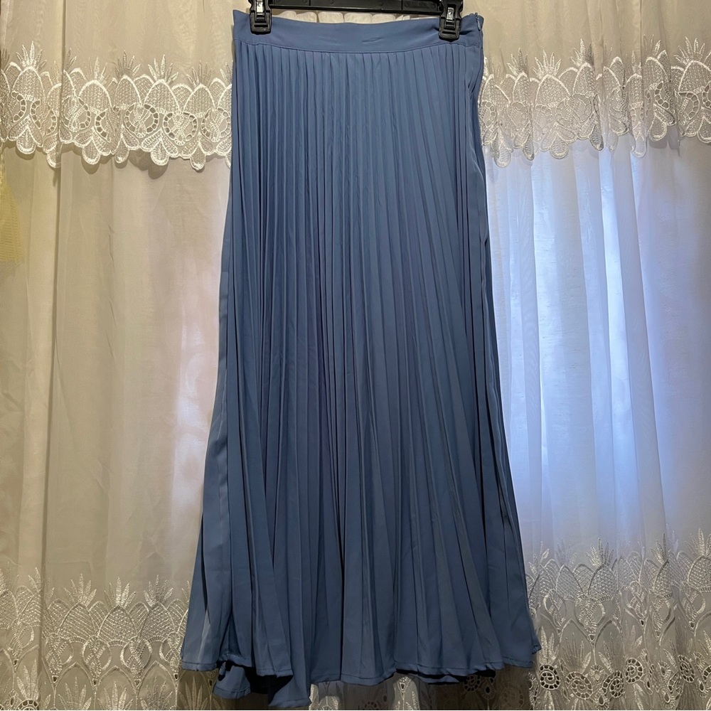 Long Dusty Blue Pleated Skirt - Size M